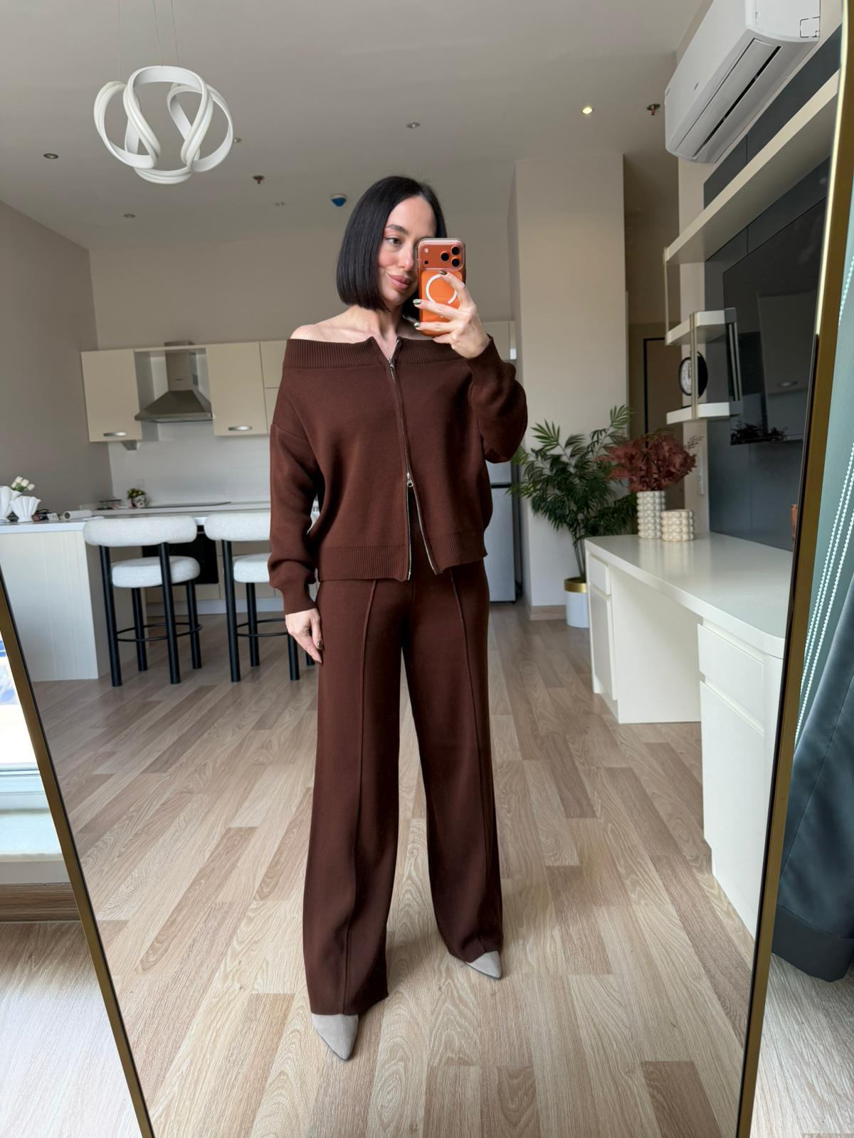Kahve Çift Fermuarlı Triko Takım