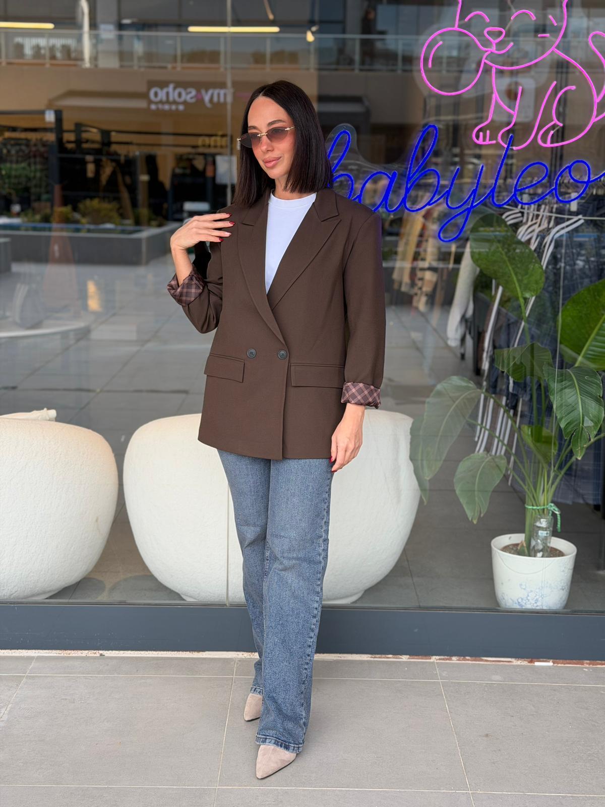 Kahve Ekose Astarlı Blazer Ceket
