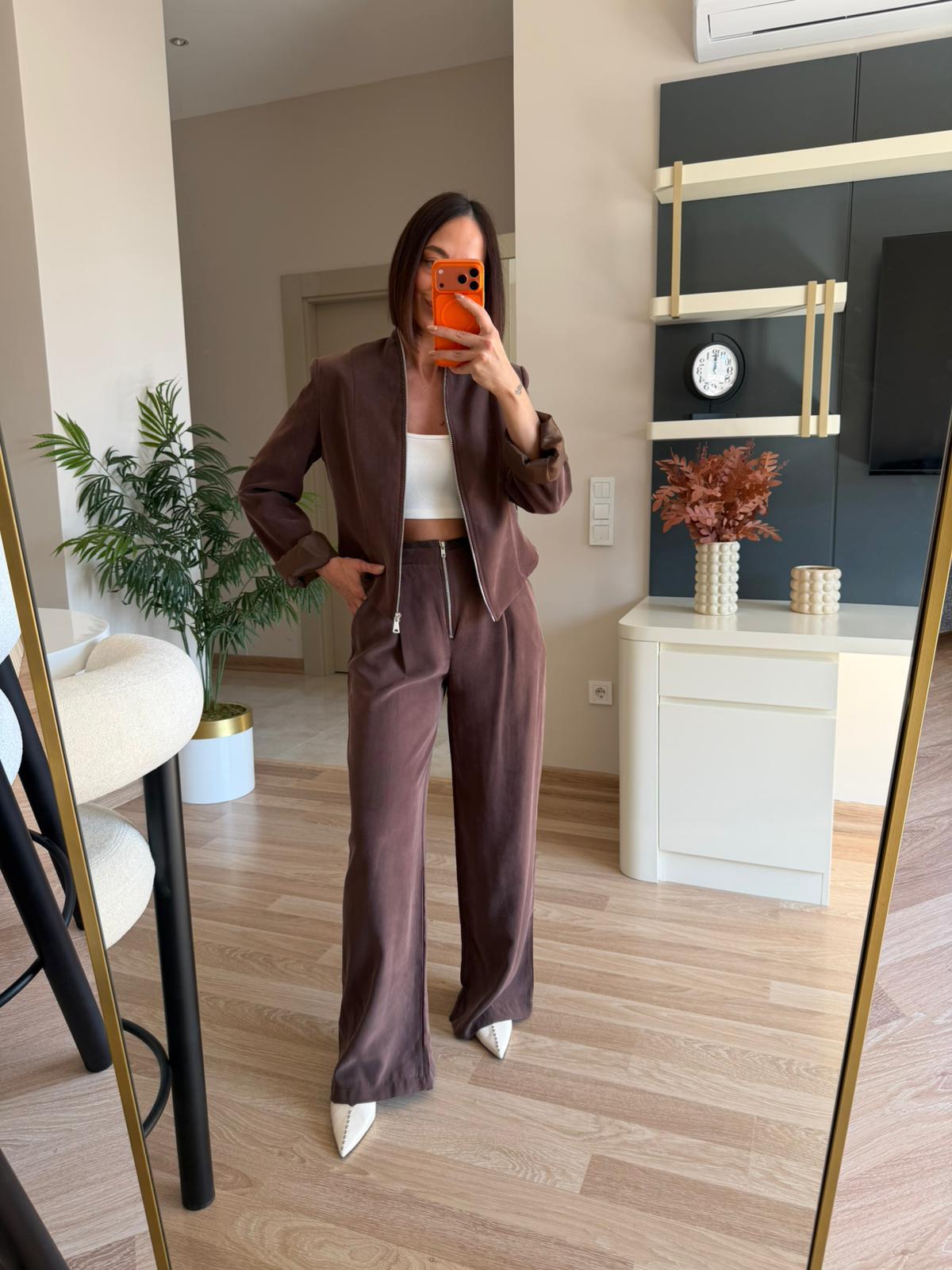 Kahve Fermuar Detaylı Tasarım Blazer Pantolon Takım