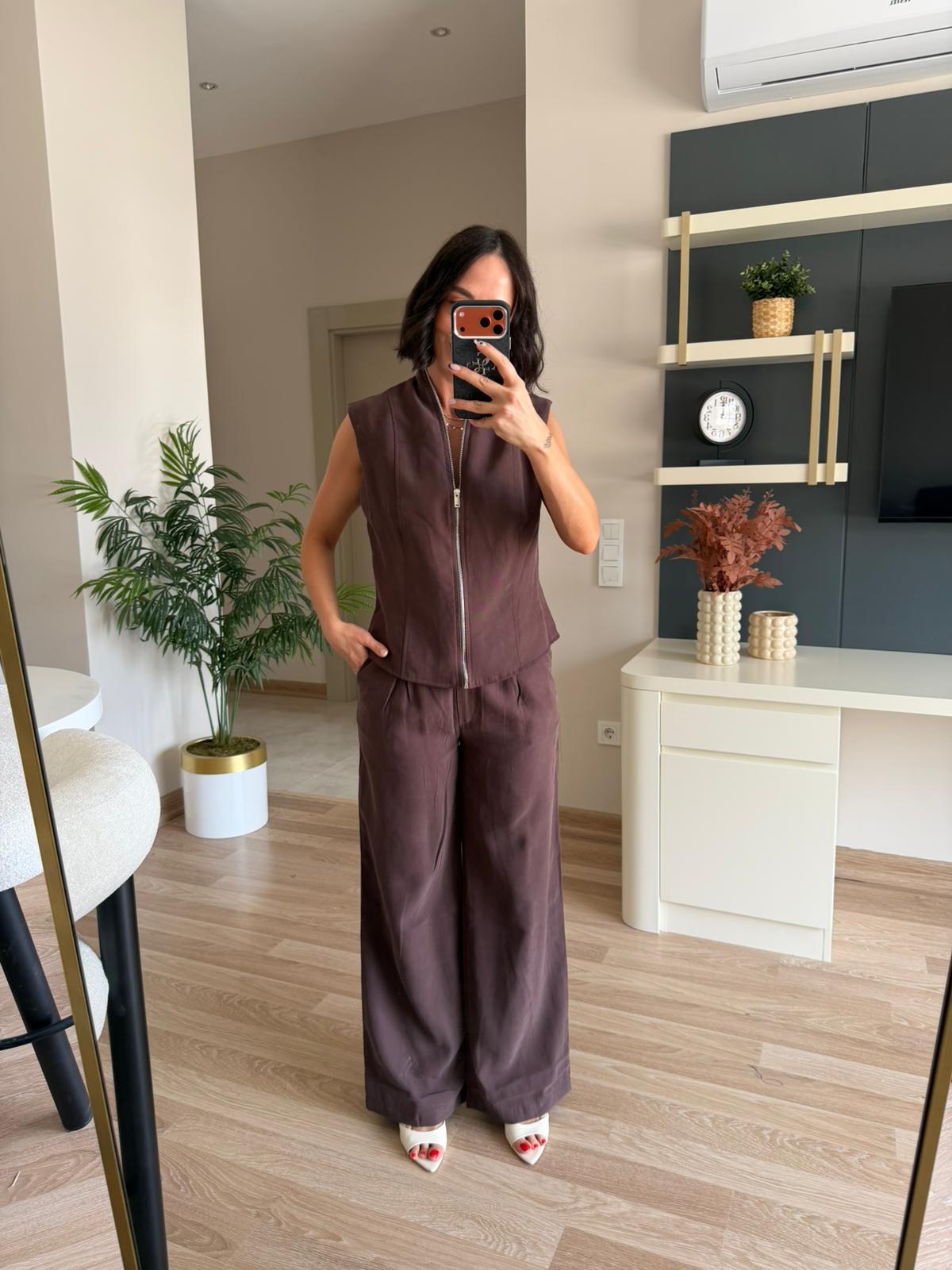 Kahve Fermuar Detaylı Tensel Takım