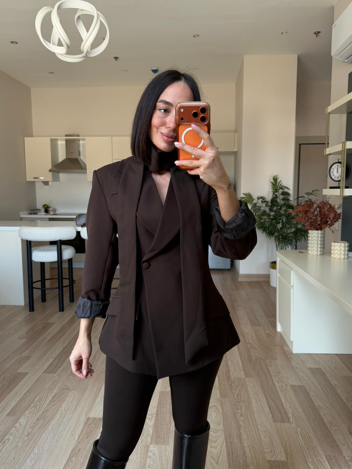Kahve Kravatlı Premium Blazer Ceket