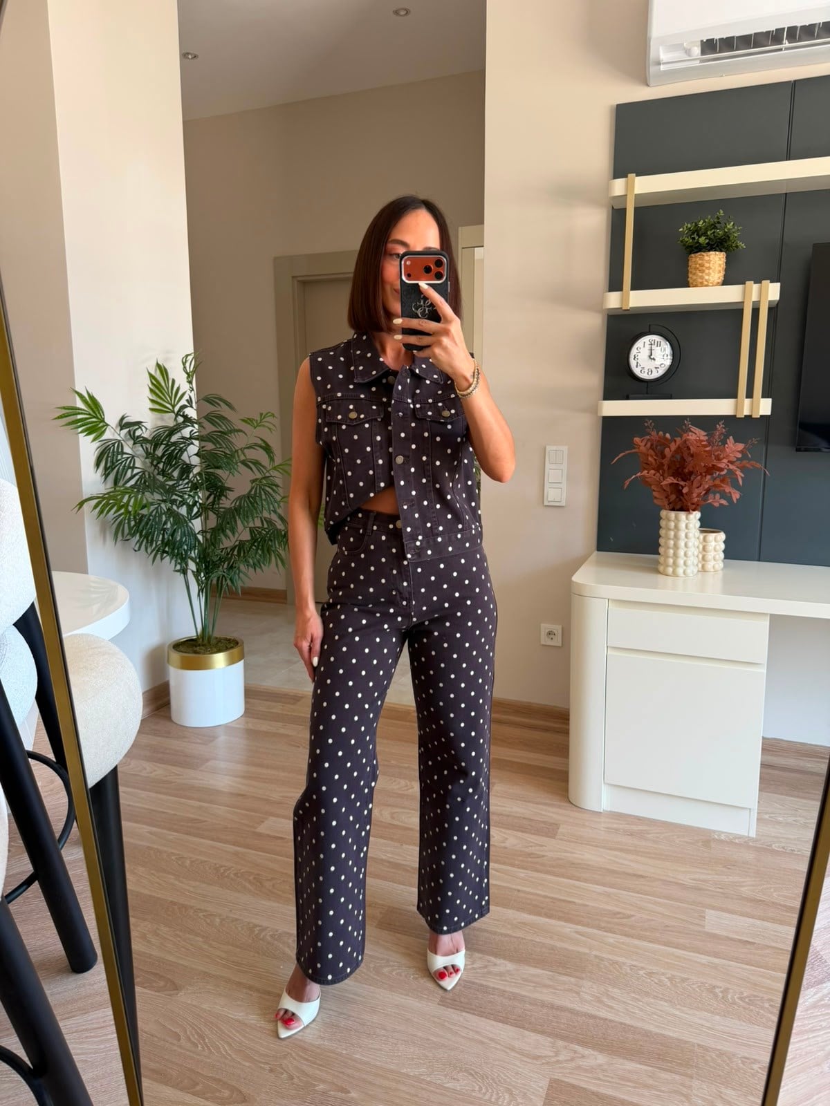 Kahve Puantiye Desenli Denim Takım