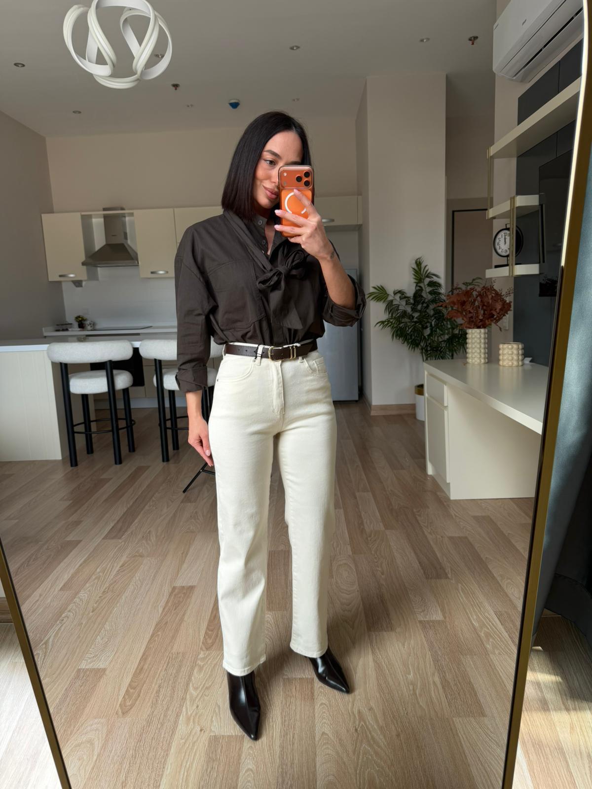 Krem Kemerli Wide Leg Jean