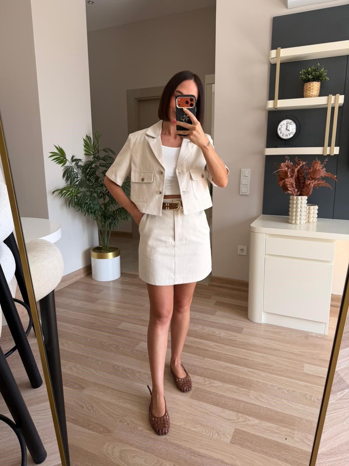 Krem Keten Kısa Kollu Blazer Ceketli Takım