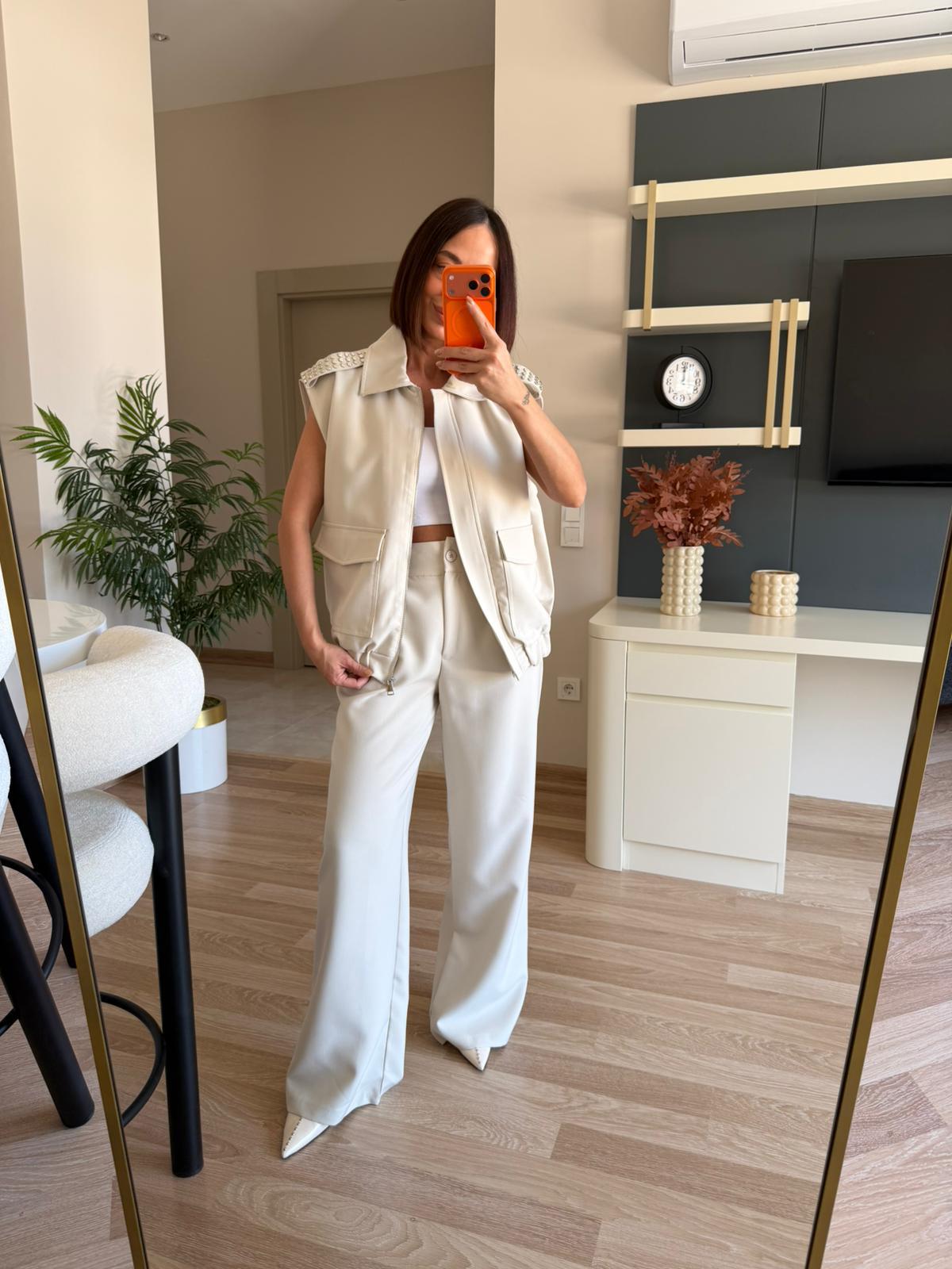 Krem Zımba Detaylı Yelek Palazzo Takım