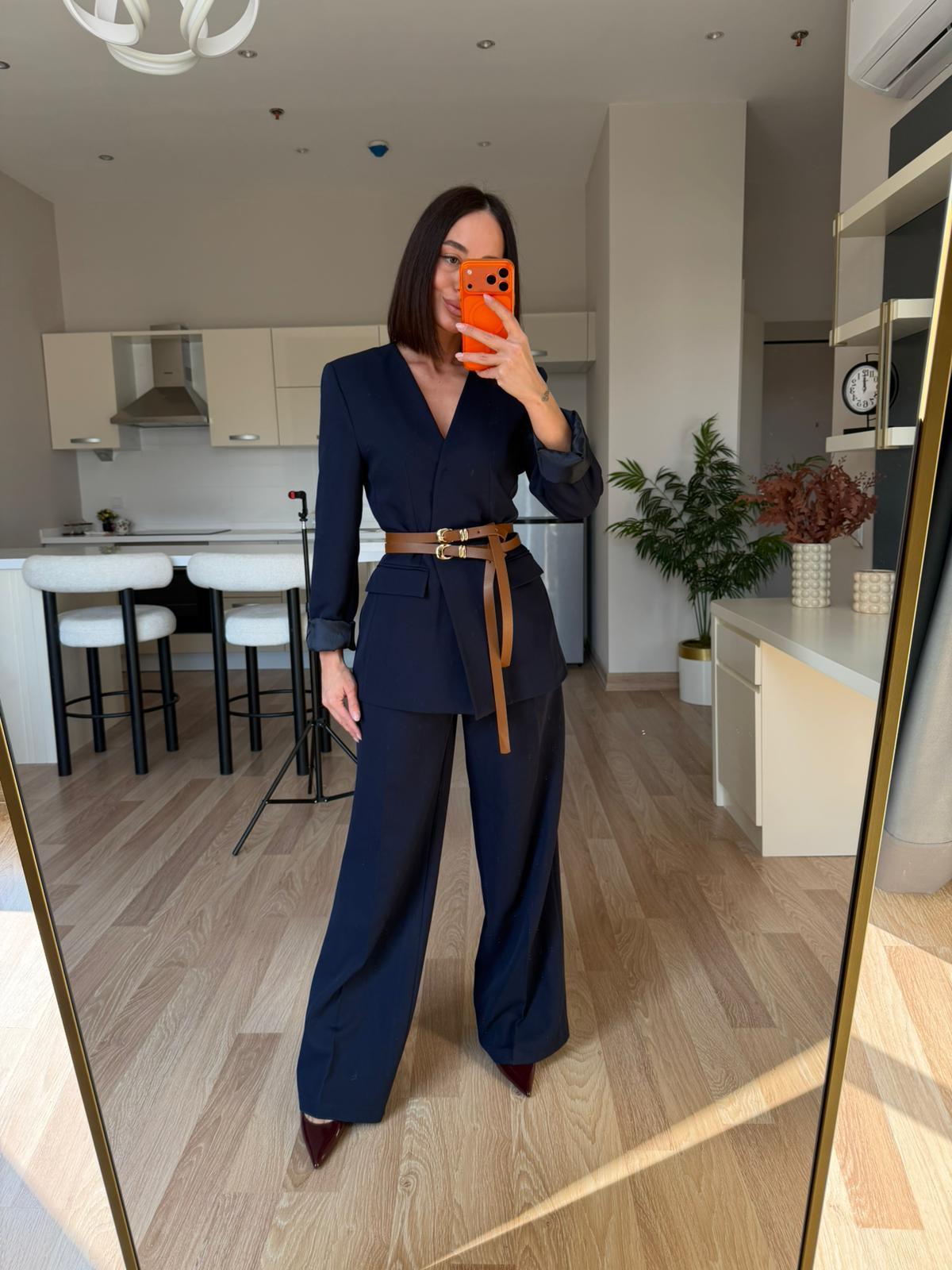 Lacivert Çift Kemerli Blazer Takım