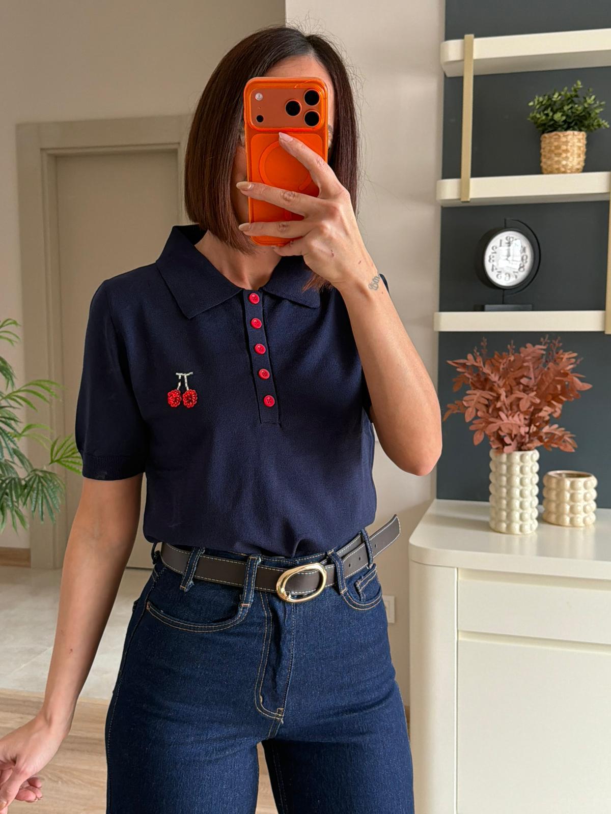 Lacivert Kirazlı Polo Yaka Triko