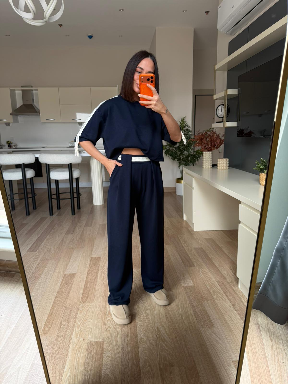 Lacivert Şeritli Pantolon&Crop Takım