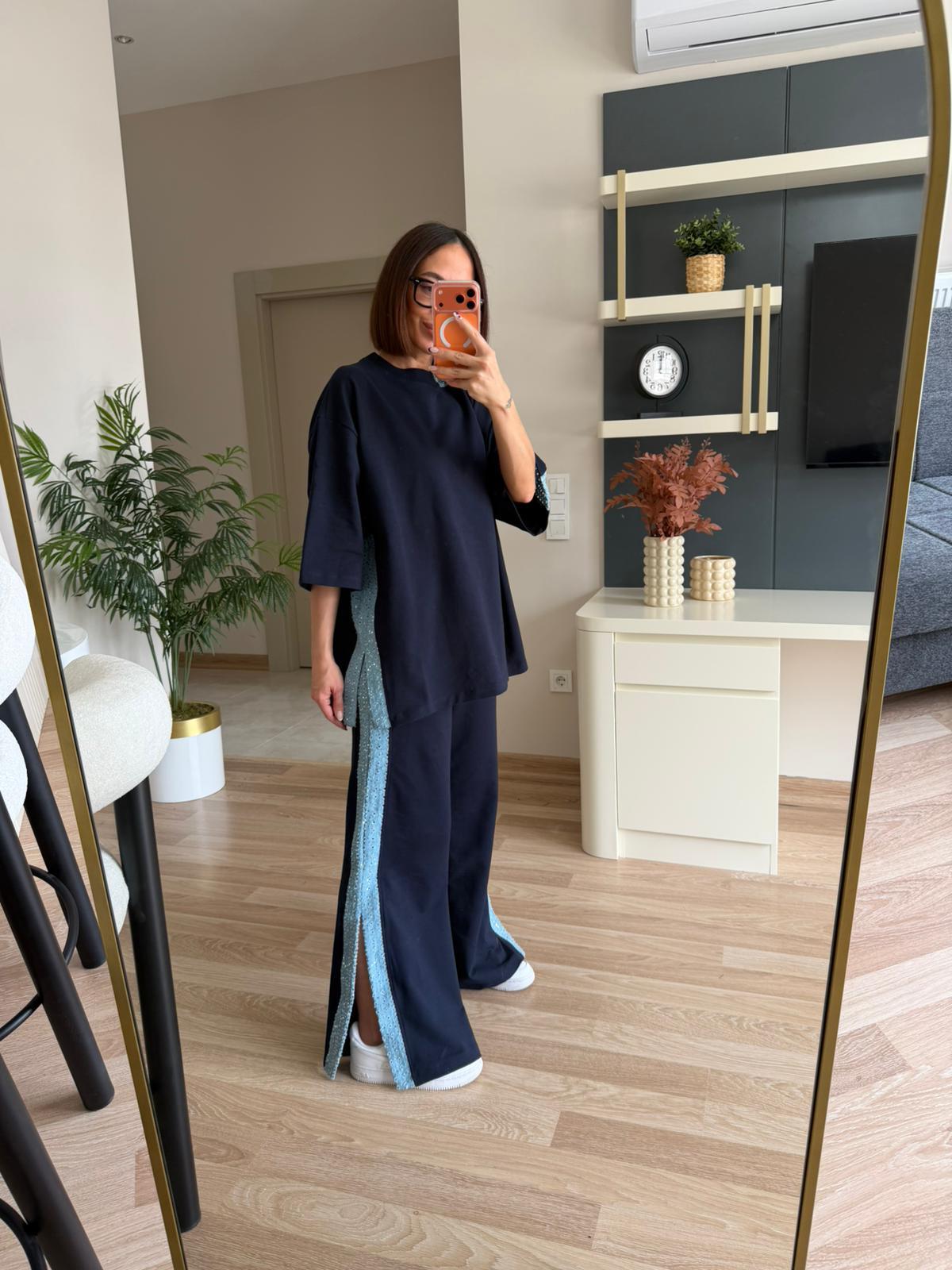 Lacivert Yanları Denim Şeritli Oversize Takım