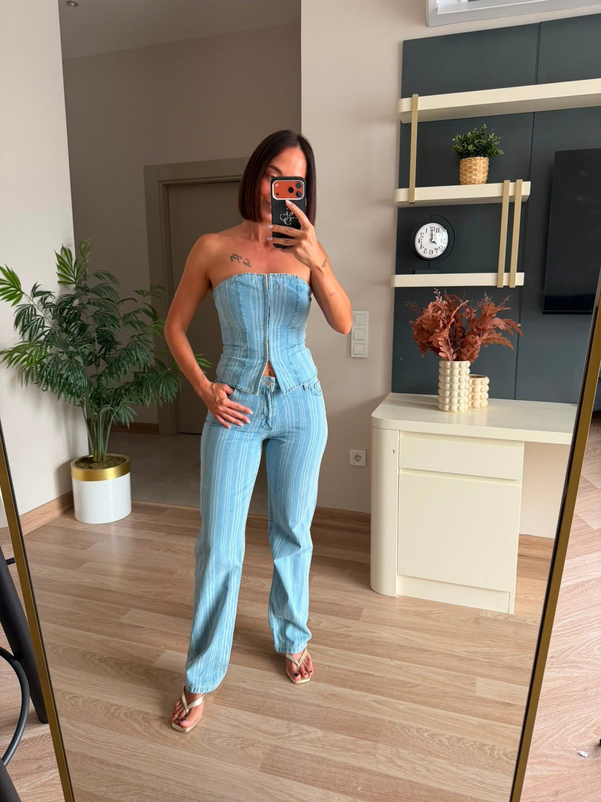 Marka Model Çizgili Denim Takım