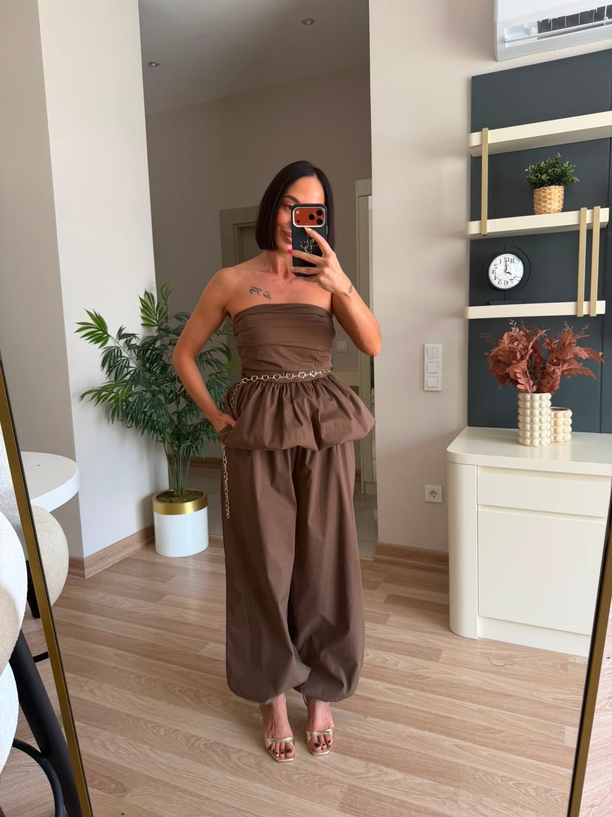 Marka Model Kahverengi Balon Bluz Şalvar Pantolon Takım