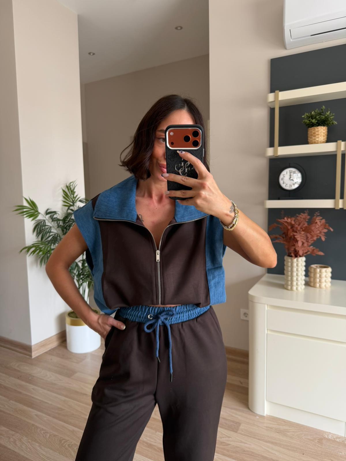 Marka Model Kahverengi Denim Detaylı Modal Takım 