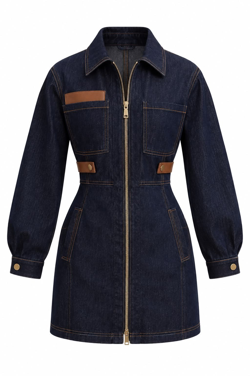 Marka Model Koyu Lacivert Deri Detaylı Denim Elbise
