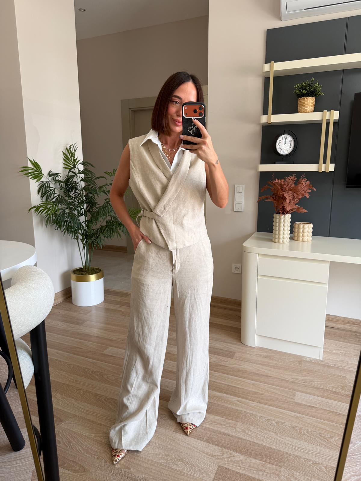 Marka Model Krem Gömlek Detaylı Yelek Pantolon Takım