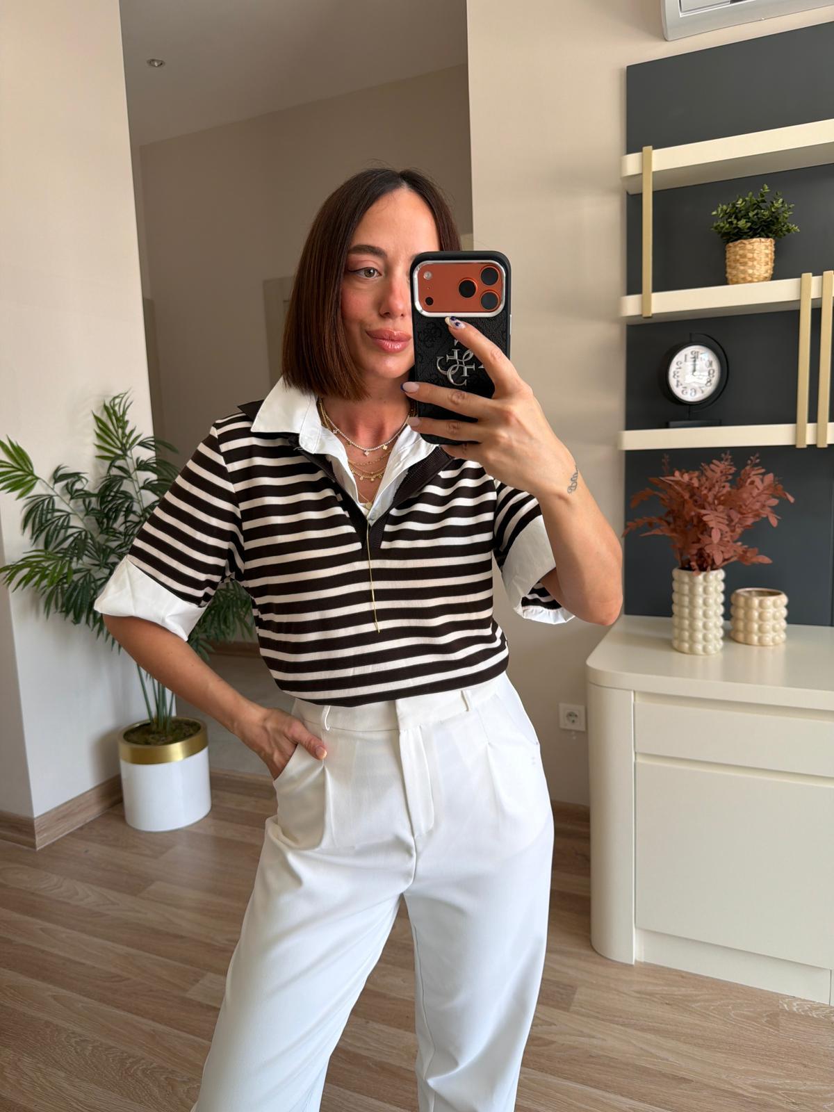 Marka Model Siyah Çizgili Gömlek Detaylı Triko