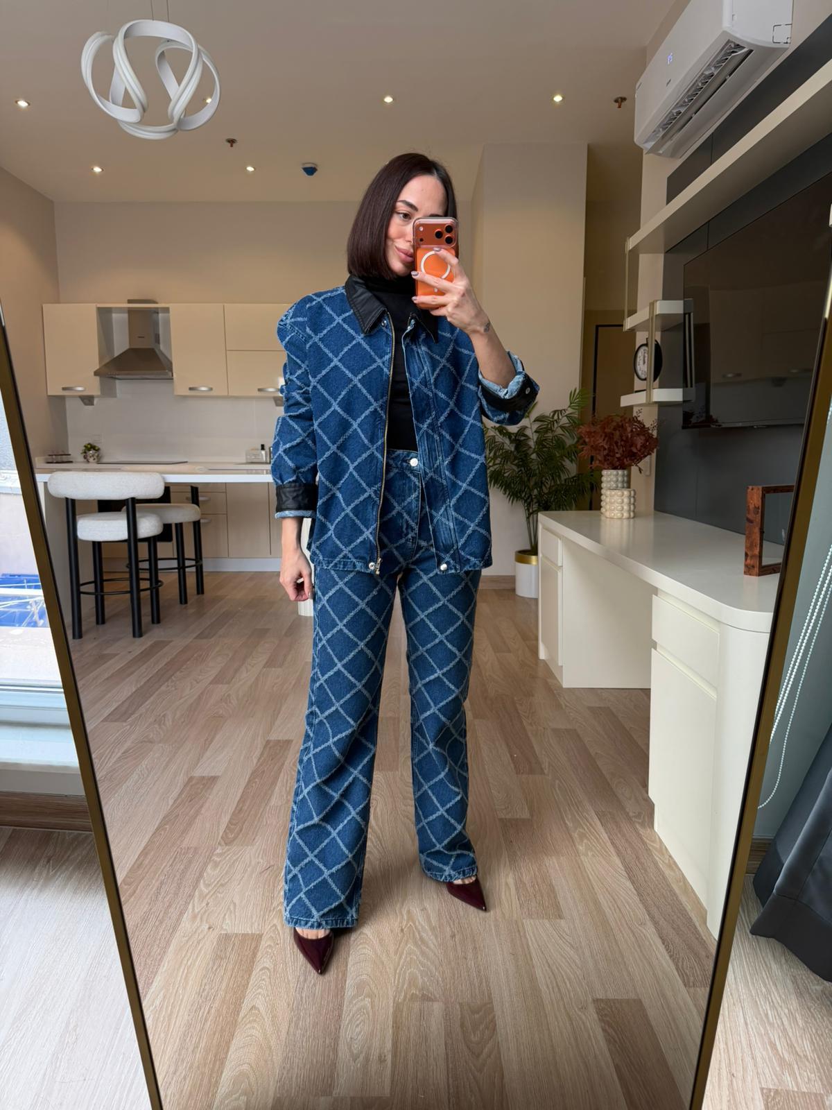 Mavi Denim Baklava Desenli Takım