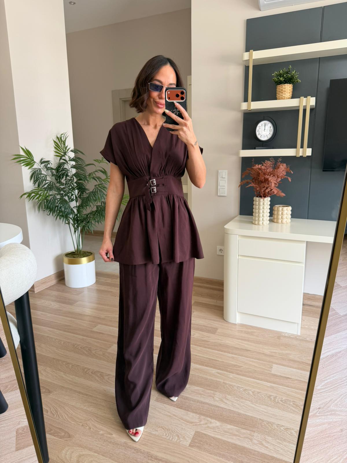 Mürdüm Bel Detaylı Bluz Pantolon Takım