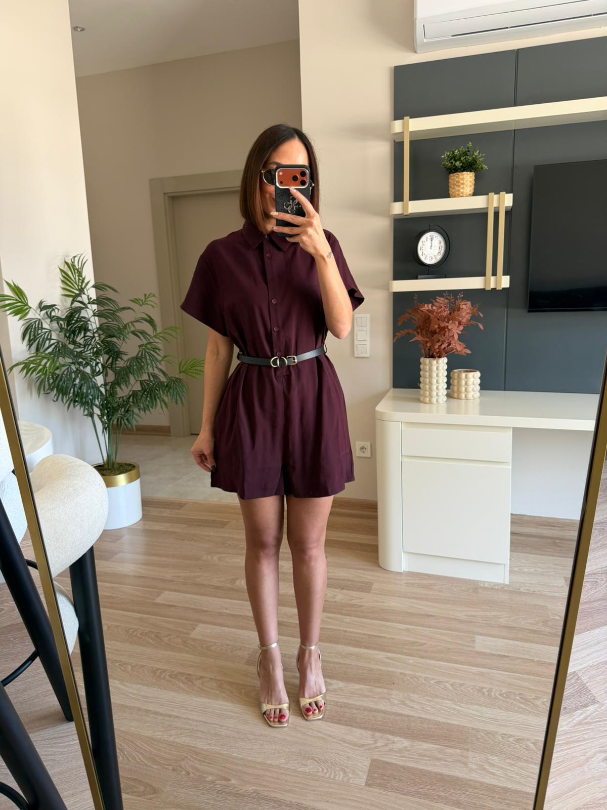 Mürdüm Kemerli Kısa Kollu Tensel Tulum