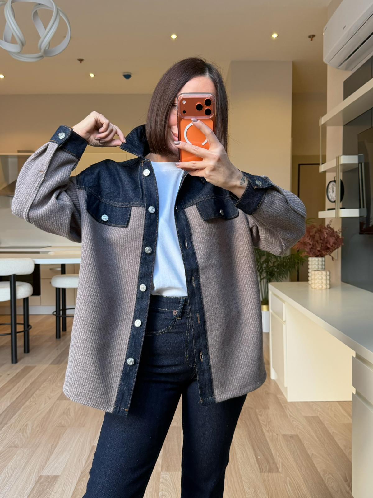 Orj. Bej Örgü Karışımlı Denim Ceket