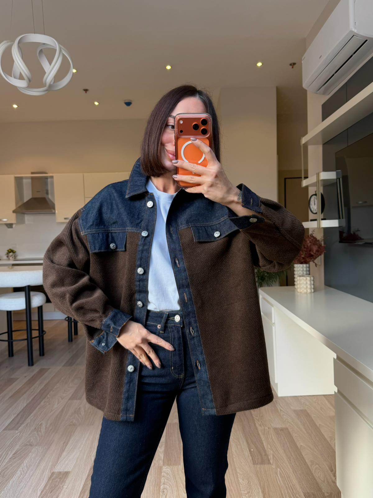 Orj. Kahve Örgü Karışımlı Denim Ceket