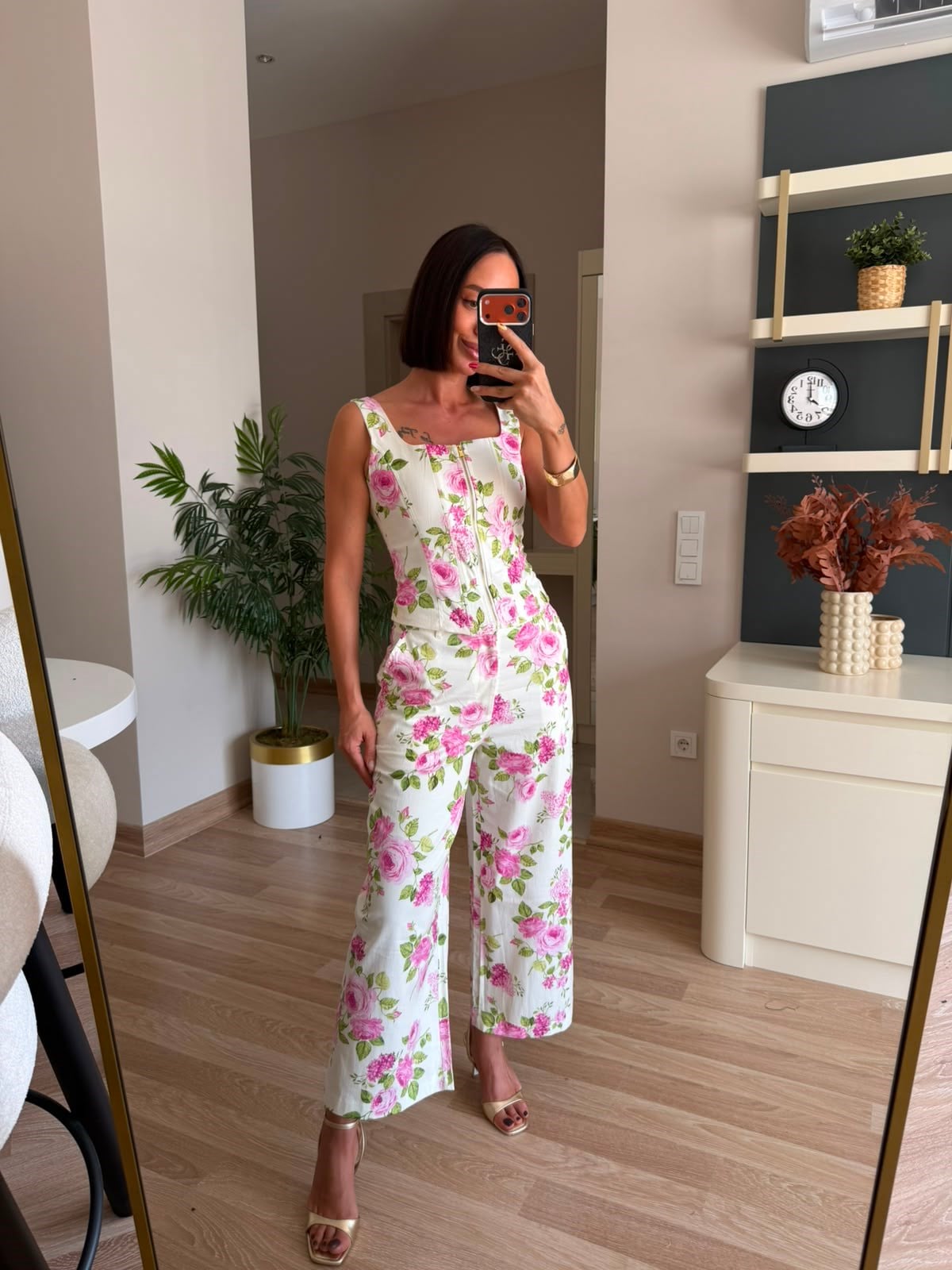 Pembe Çiçek Desenli Korse Pantolon Takım
