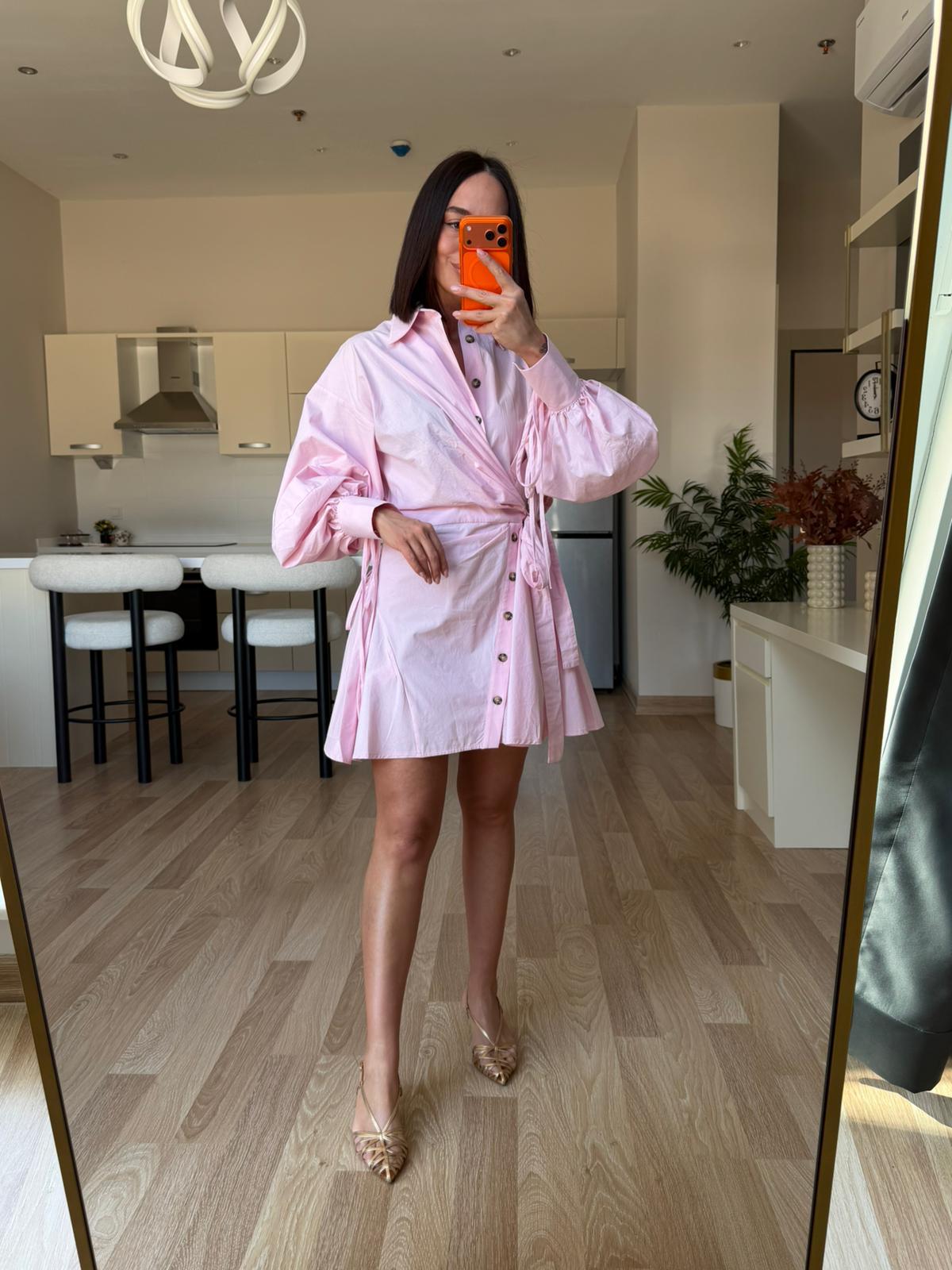 Pembe Gömlek Yaka Tasarım Elbise