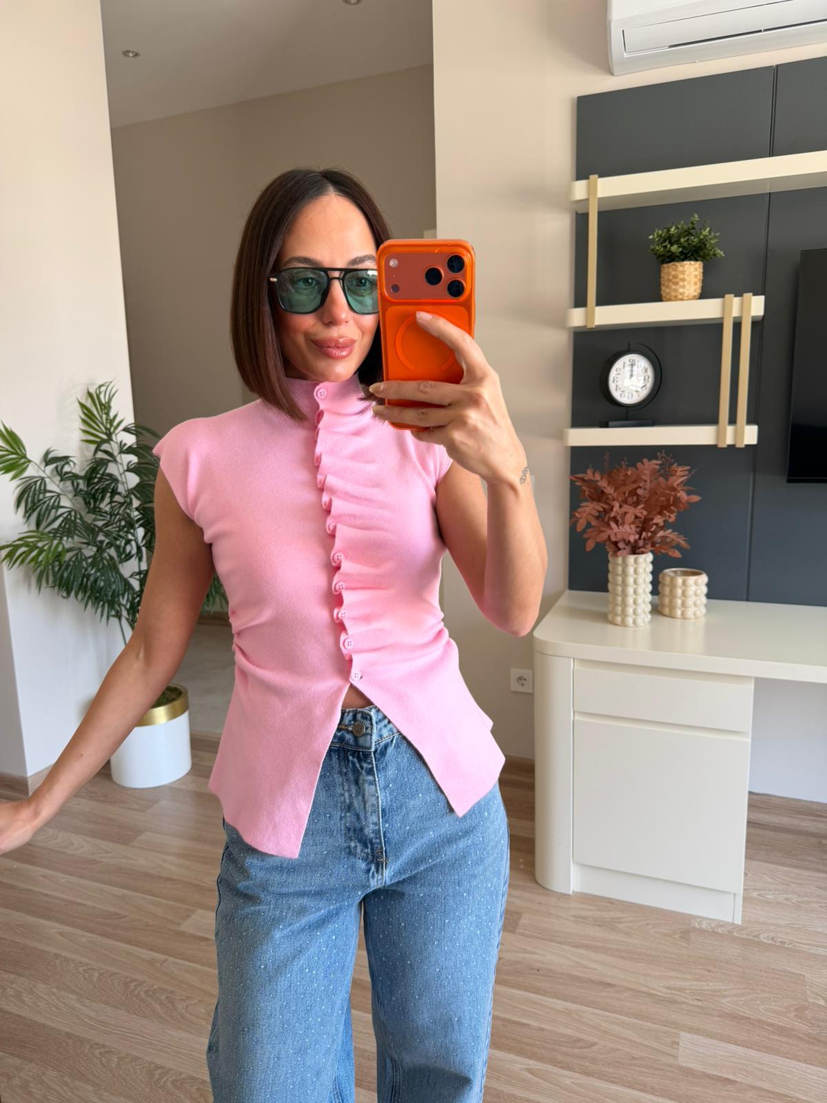 Pembe Kendiden Büzgülü Kolsuz Triko