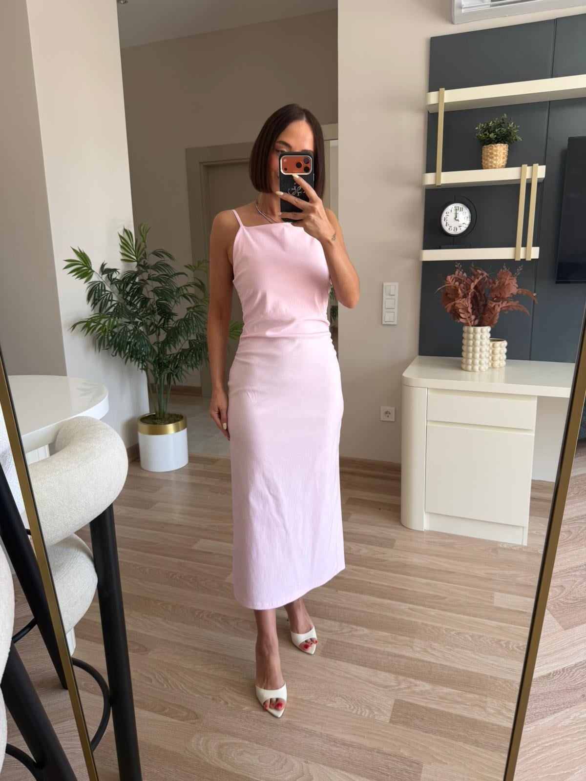 Pembe Midi Boy Askılı Elbise