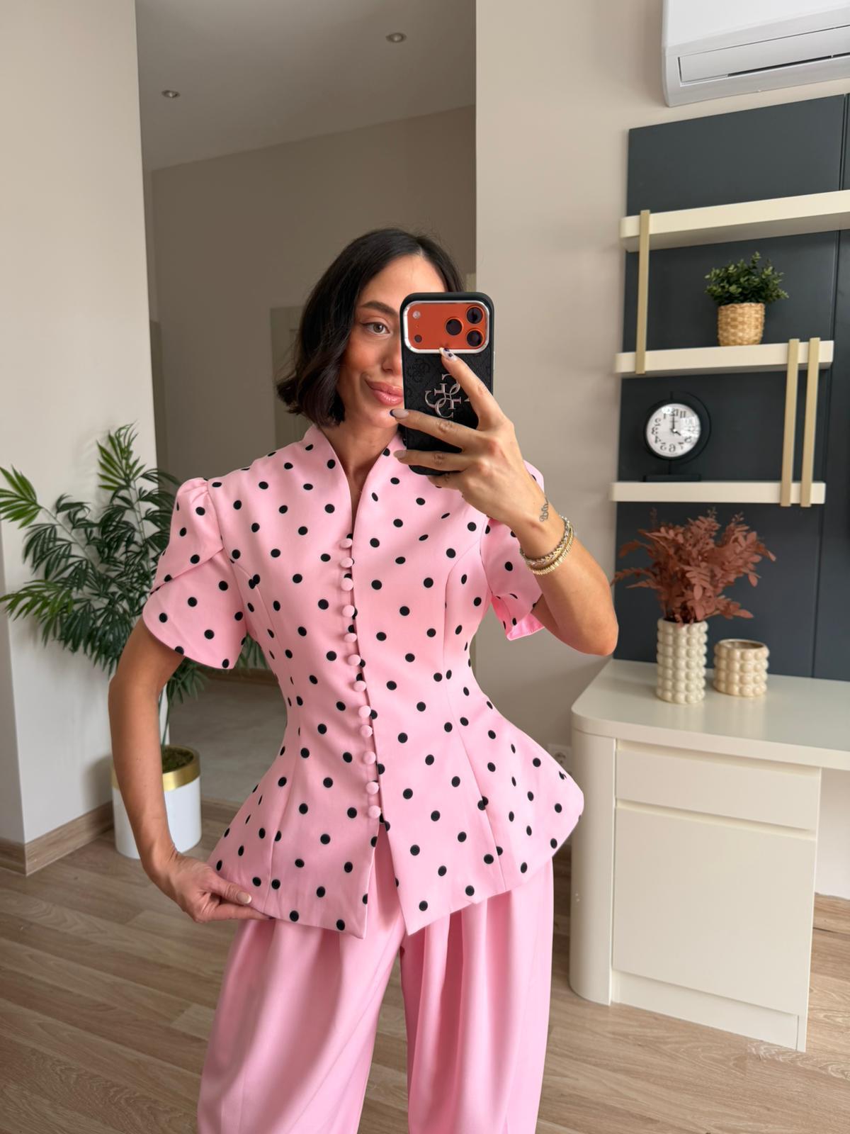 Pembe Puantiye Desenli Ceket Şalvar Pantolon Takım