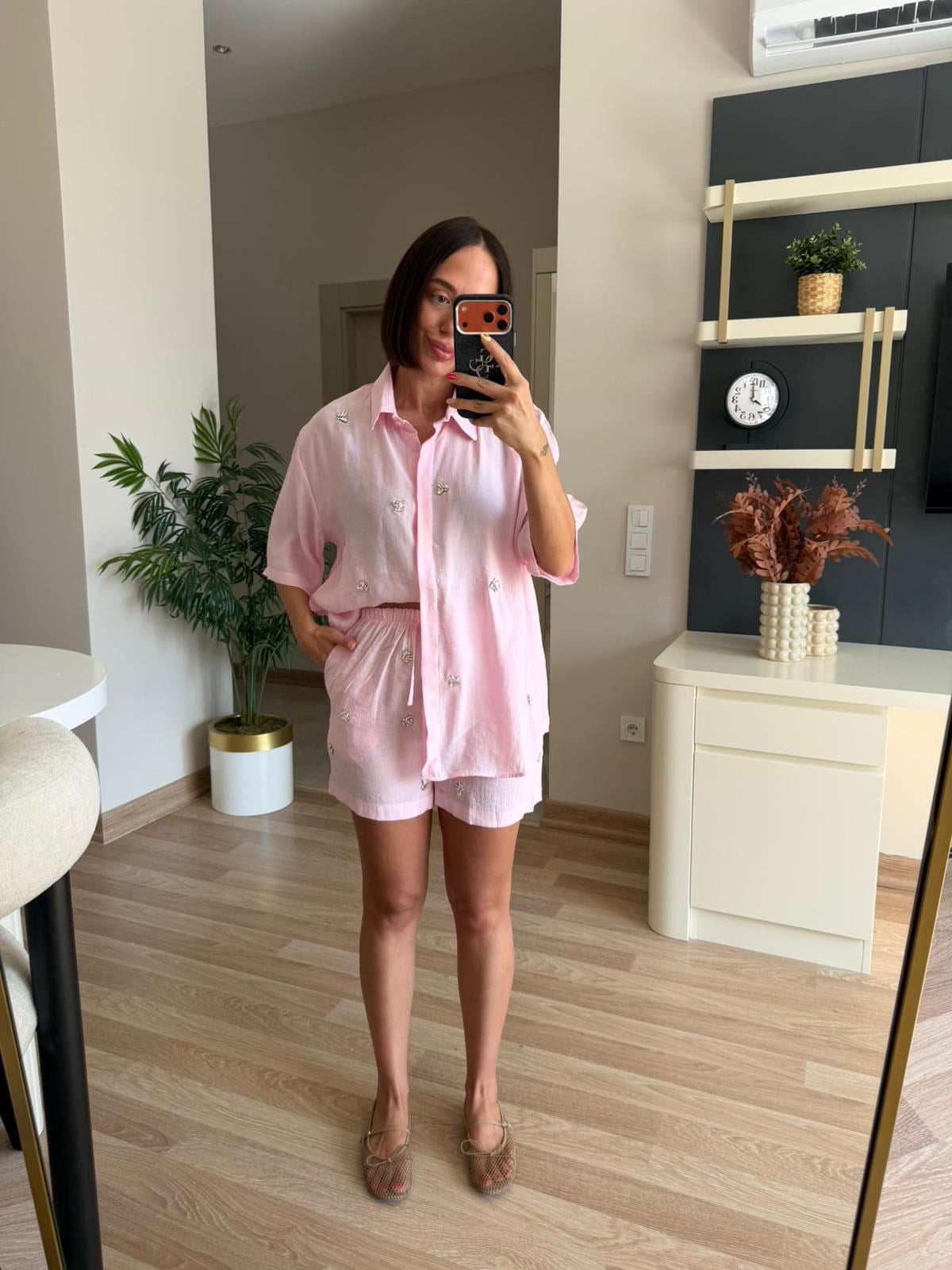 Pembe Taşlı Şort Gömlek Takım