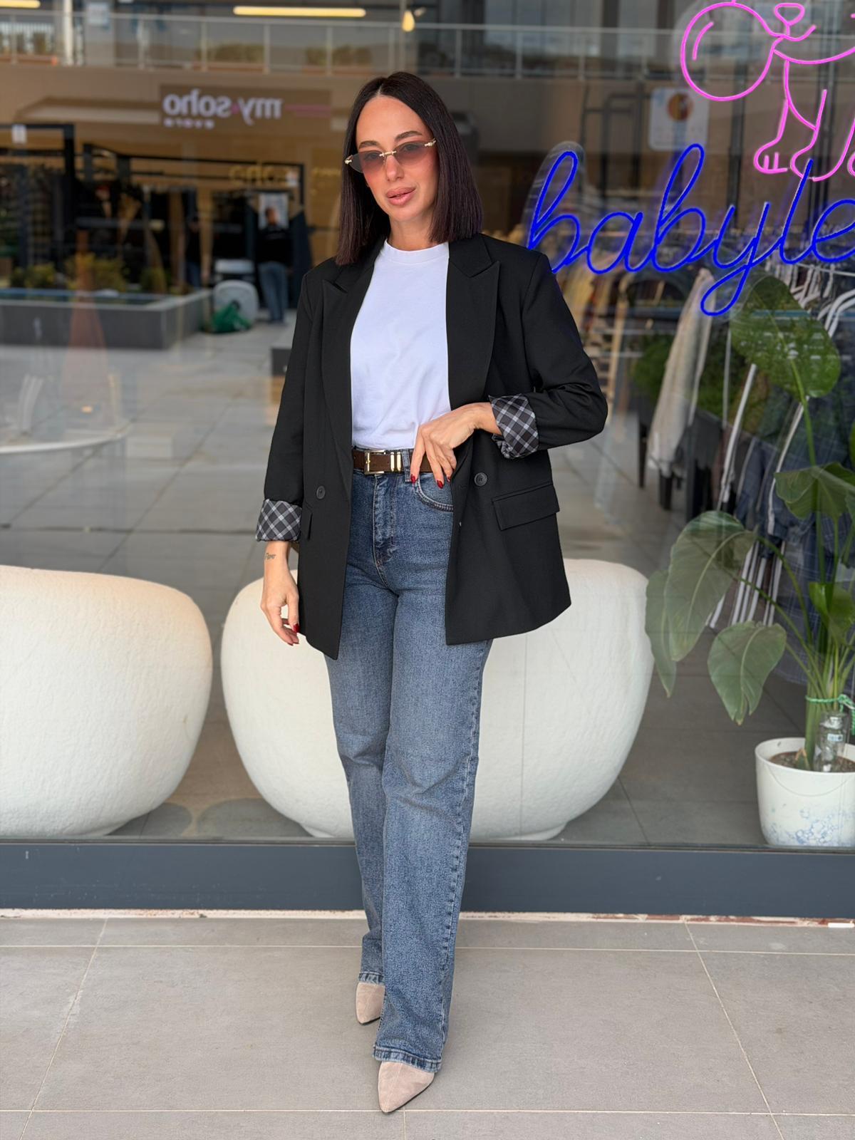 Siyah Ekose Astarlı Blazer Ceket
