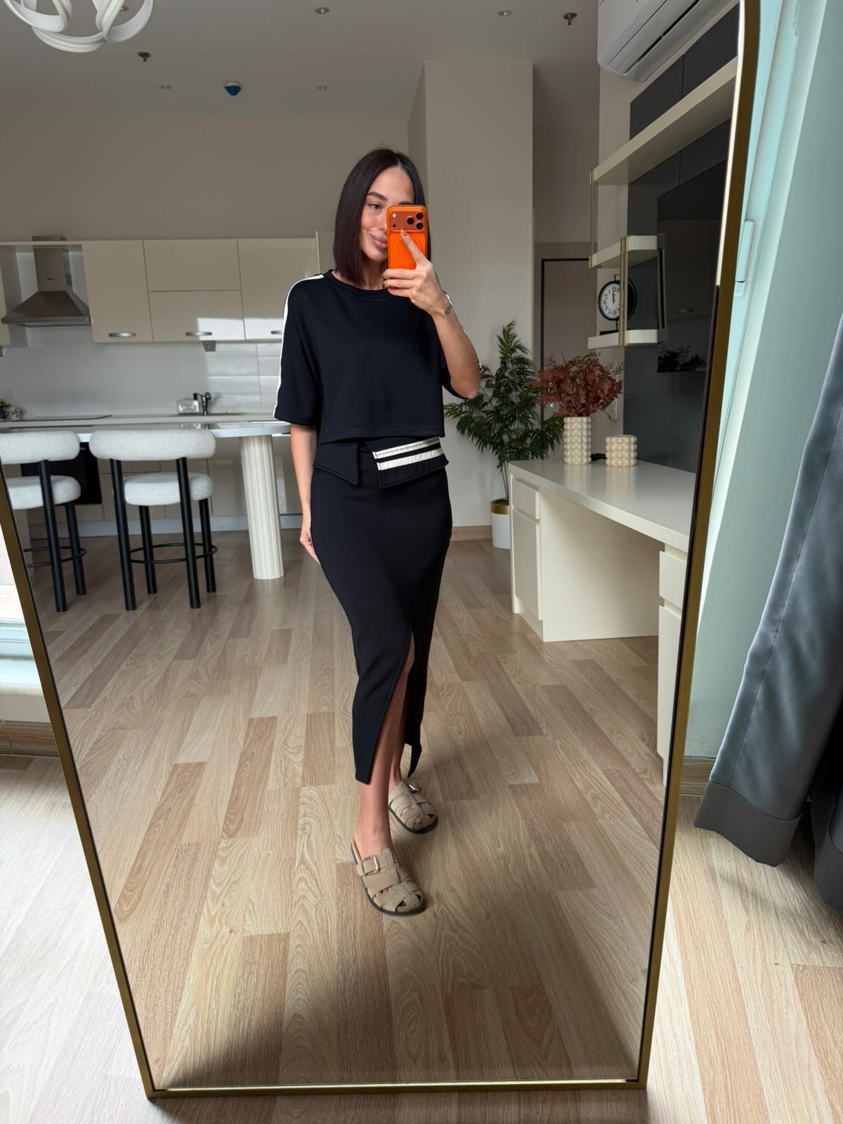 Siyah Şeritli Etek& Crop Takım