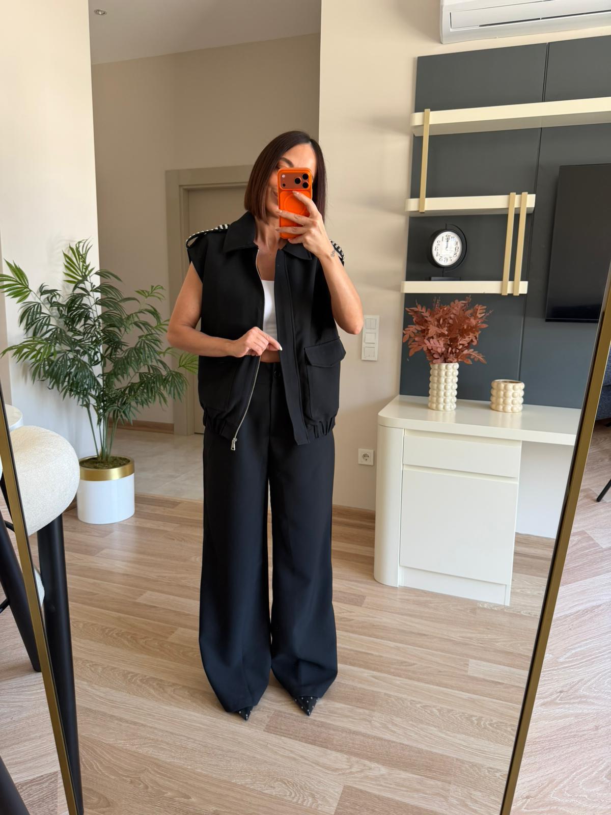 Siyah Zımba Detaylı Yelek Palazzo Takım