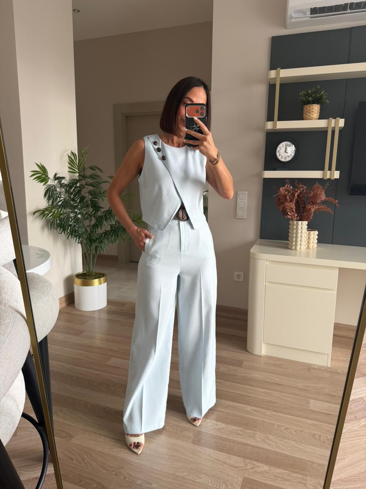 Turkuaz Kruvaze Düğme Detaylı Bluz Pantolon Takım