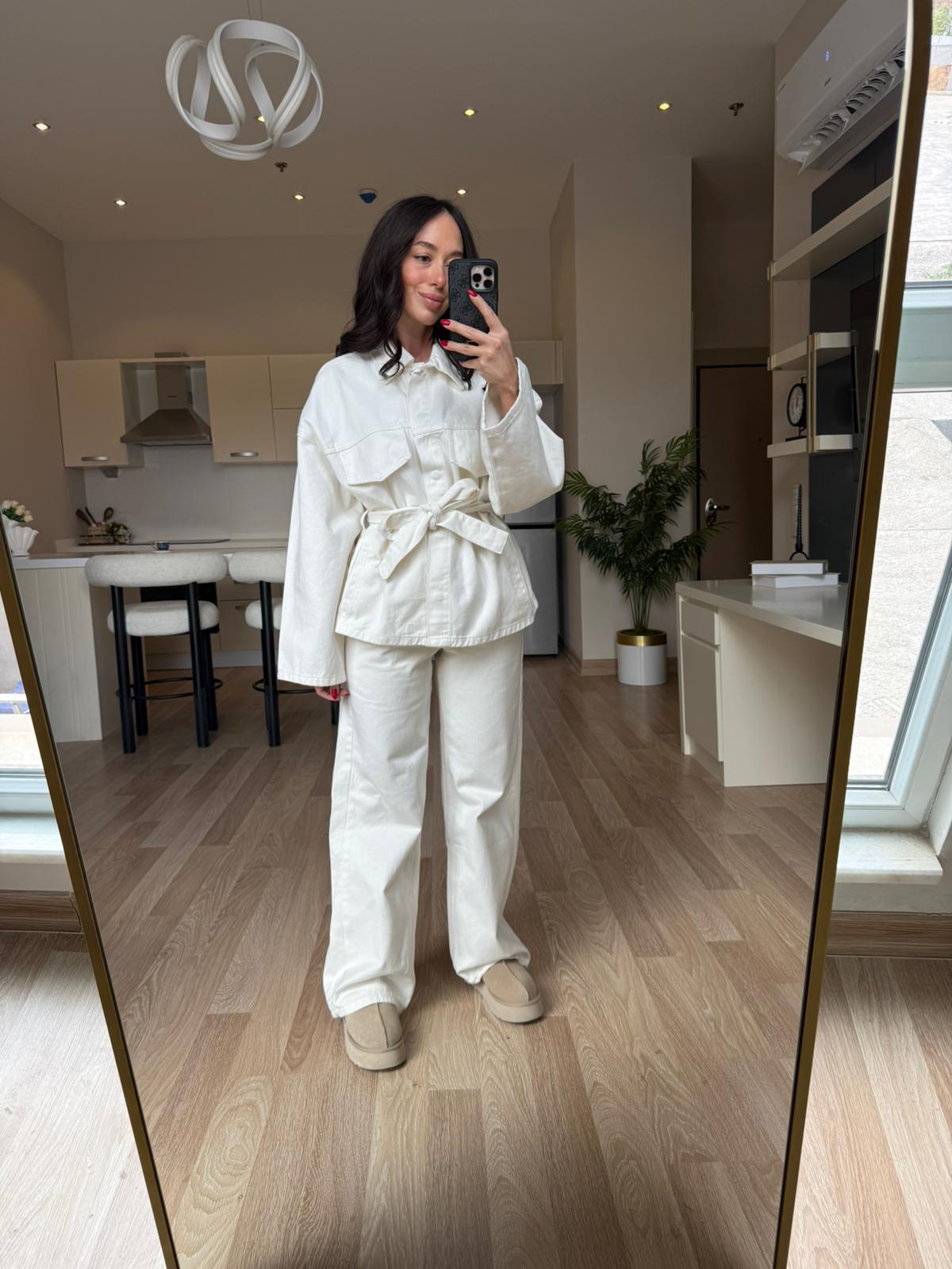 Z.ra Ekru Bağlamalı Denim Takım