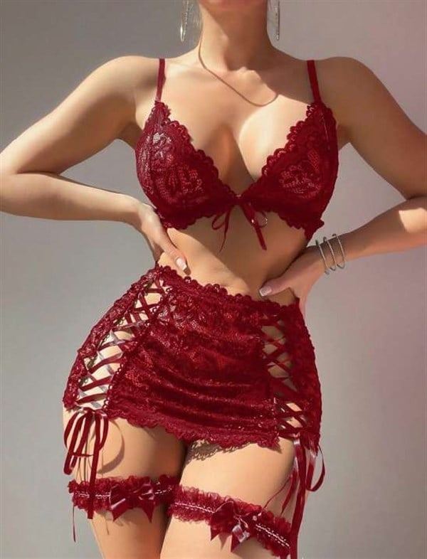 Arias Closet Bordo Transparan Dantel İşlemeli İp Detaylı Fantezi Takım