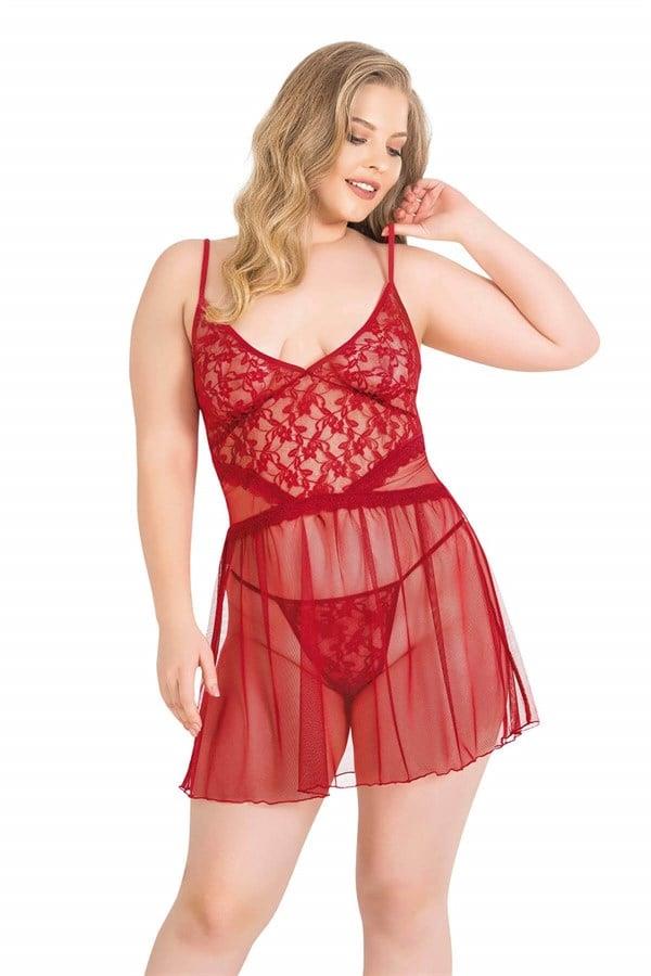 Arias Closet Büyük Beden Kırmızı Kısa Tül Gecelik