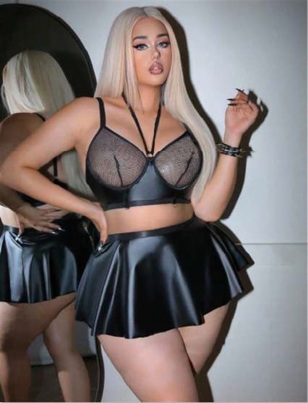 Arias Closet Büyük Beden Siyah Deri Görünümlü Fileli Etekli Fantezi Takım