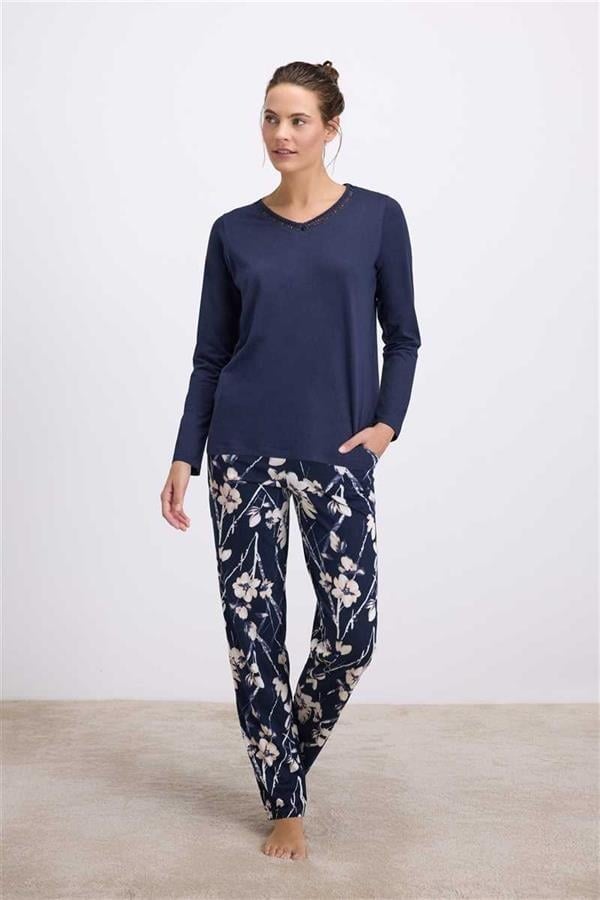 Arias Closet Çiçek Desenli Uzun Kollu T-Shirt ve Pantolon Pijama Takımı