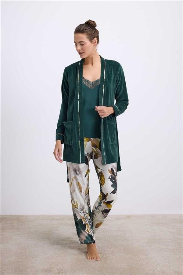 Arias Closet Kadife Sabahlık, Dantelli Atlet ve Desenli Pantolon Pijama Takımı