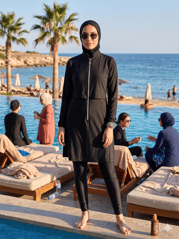 Arias Closet Paraşüt Basic Siyah Tam Kapalı Fermuarlı Spor Likralı Tesettür Mayo Takımı