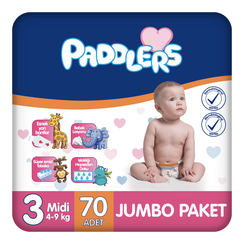 Paddlers Bebek Bezi 3 Numara Midi 70 Adet (4-9 Kg) Jumbo Paket