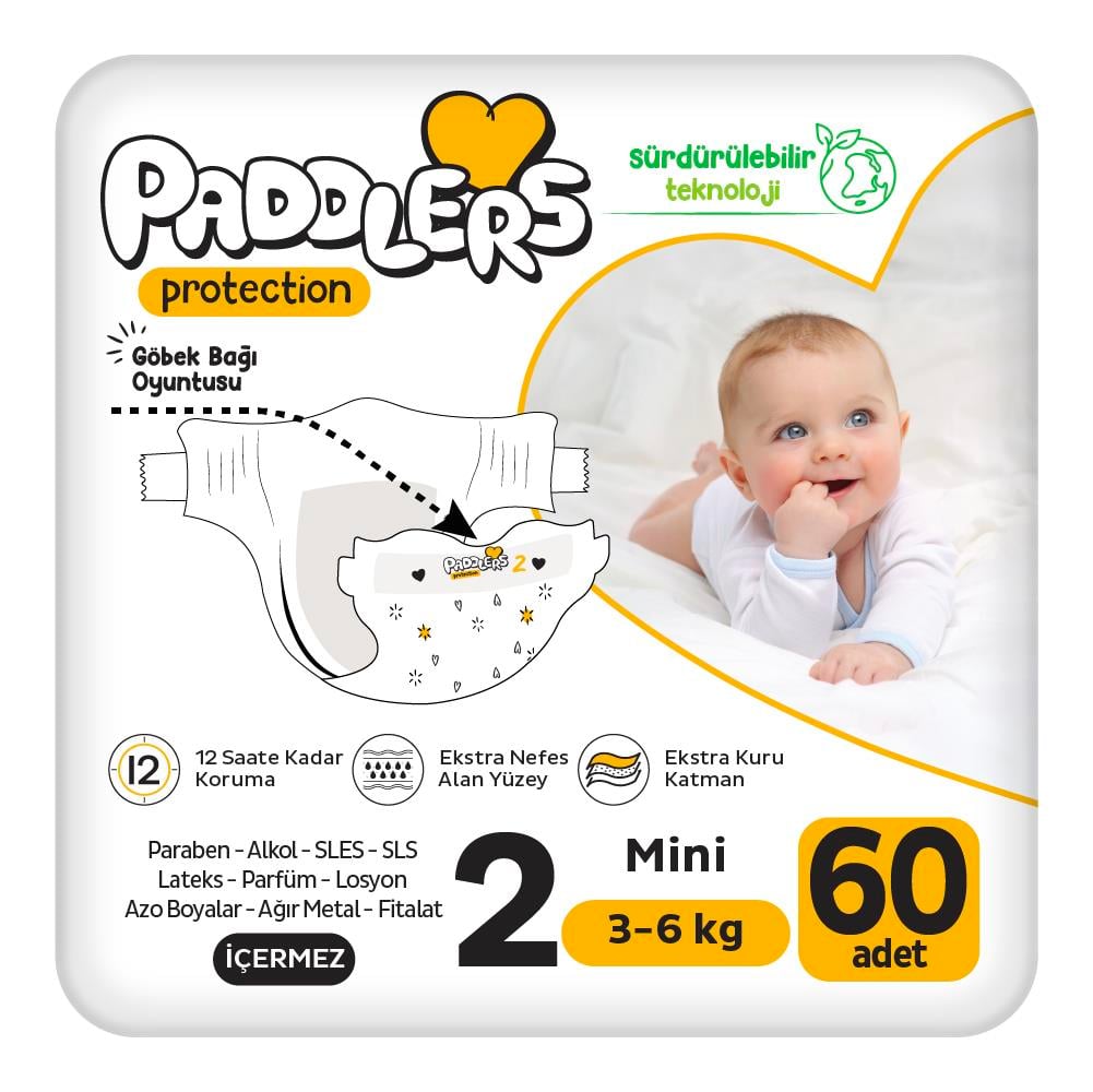 Paddlers Protection Bebek Bezi 2 Numara Mini 60 Adet (3-6 Kg) Jumbo Paket