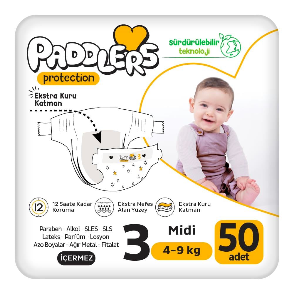 Paddlers Protection Bebek Bezi 3 Numara Midi 50 Adet (4-9 Kg) Jumbo Paket