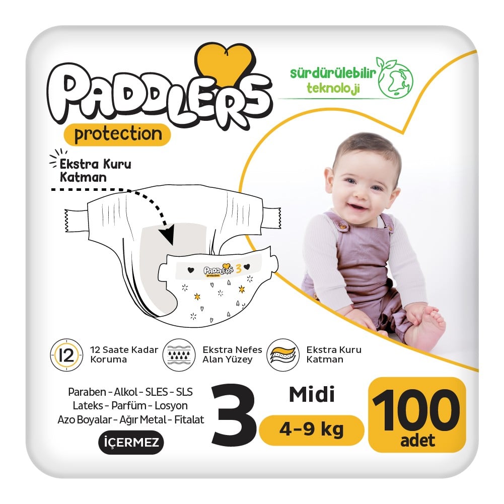 Paddlers Protection Bebek Bezi 3 Numara Midi 100 Adet (4-9 Kg) 2'li Jumbo Set