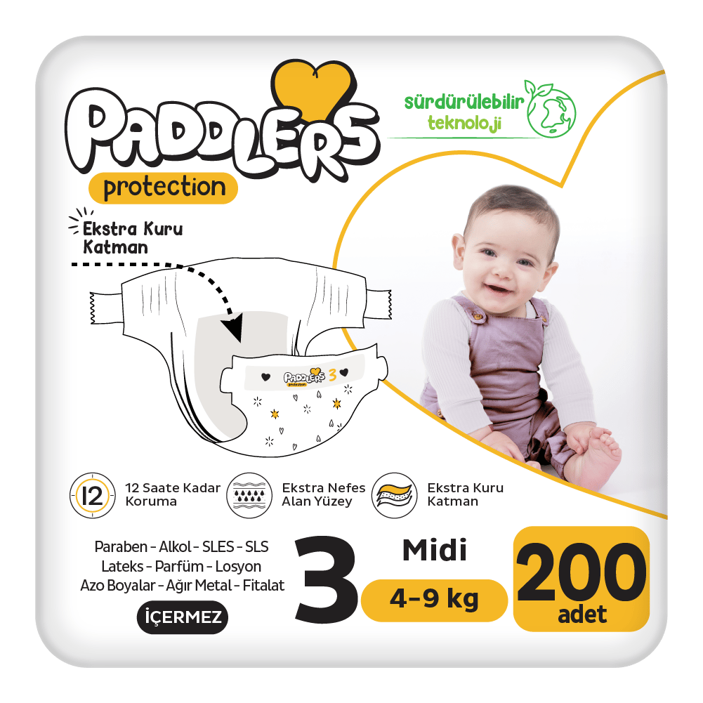 Paddlers Protection Bebek Bezi 3 Numara Midi 200 Adet (4-9 Kg) Ekstra Jumbo Set
