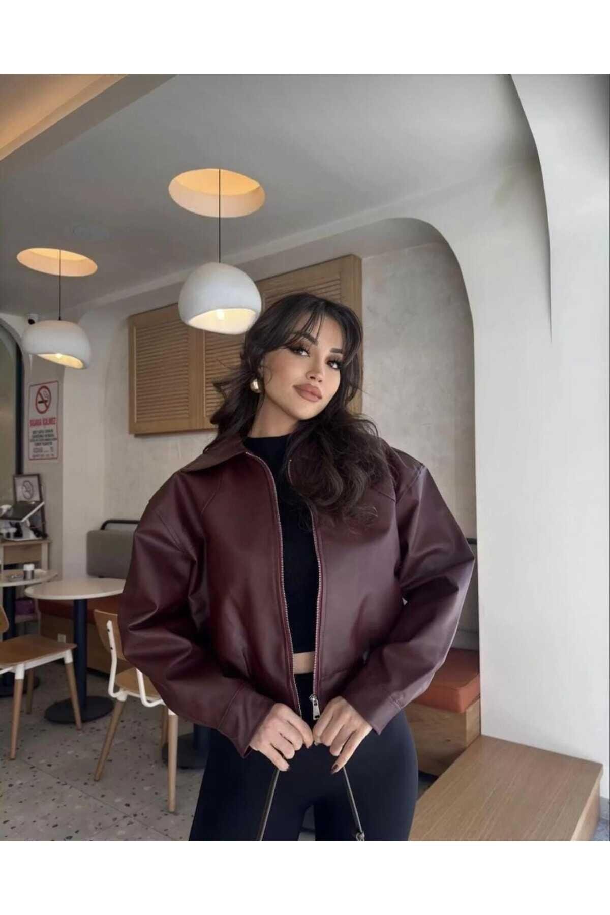 Deri Bomber Premium Ceket Bordo