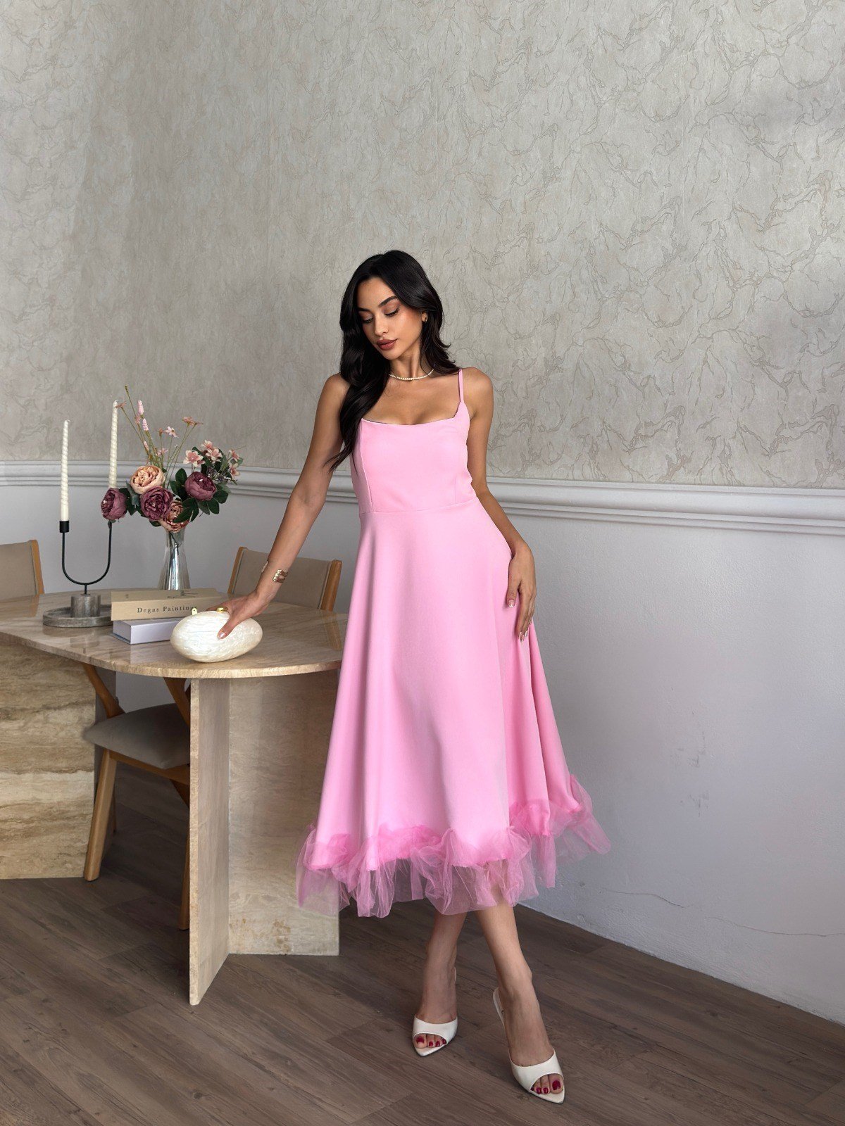Kadın Eteği Tül Detaylı Askılı Midi Boy Abiye Premium Elbise PEMBE