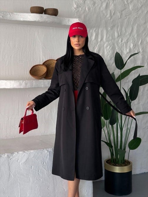 Kruvaze Yaka Kuşaklı Çift Düğmeli Oversize Trenç Ceket Siyah