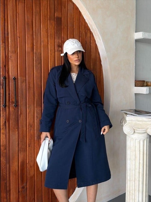 Kruvaze Yaka Kuşaklı Çift Düğmeli Oversize Trenç Ceket Lacivert